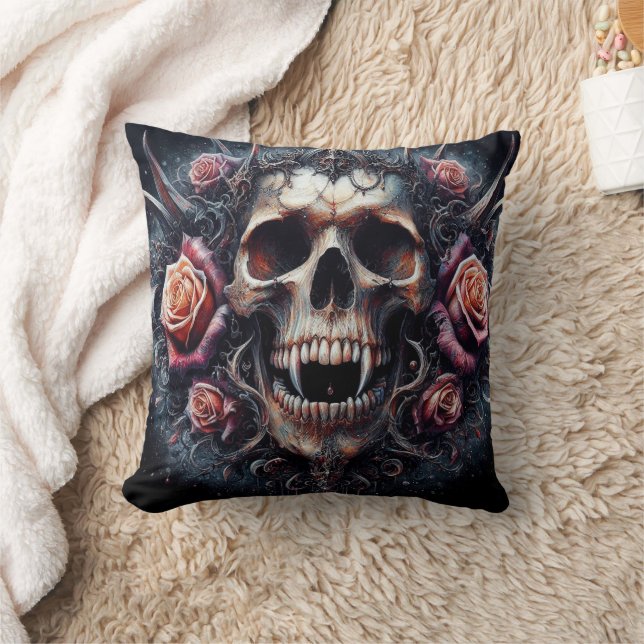 Gothic Skull Adorned with Roses Cushion (Blanket)