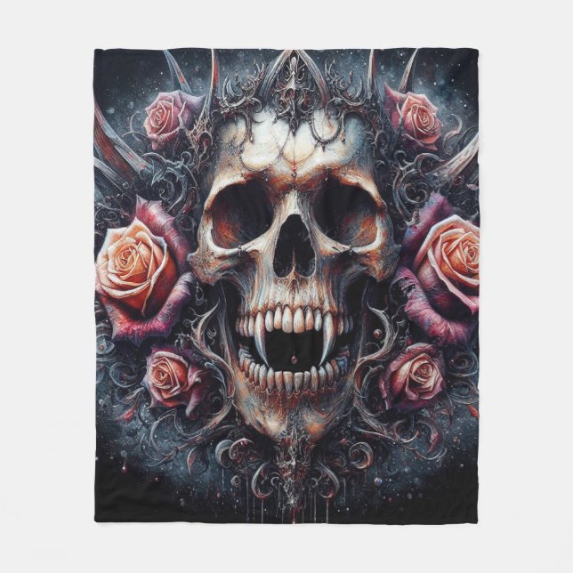 Gothic Skull Adorned with Roses Fleece Blanket (Front)