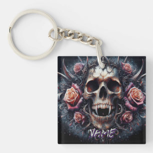 Gothic Skull Adorned with Roses Key Ring