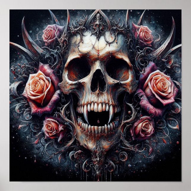 Gothic Skull Adorned with Roses Poster (Front)