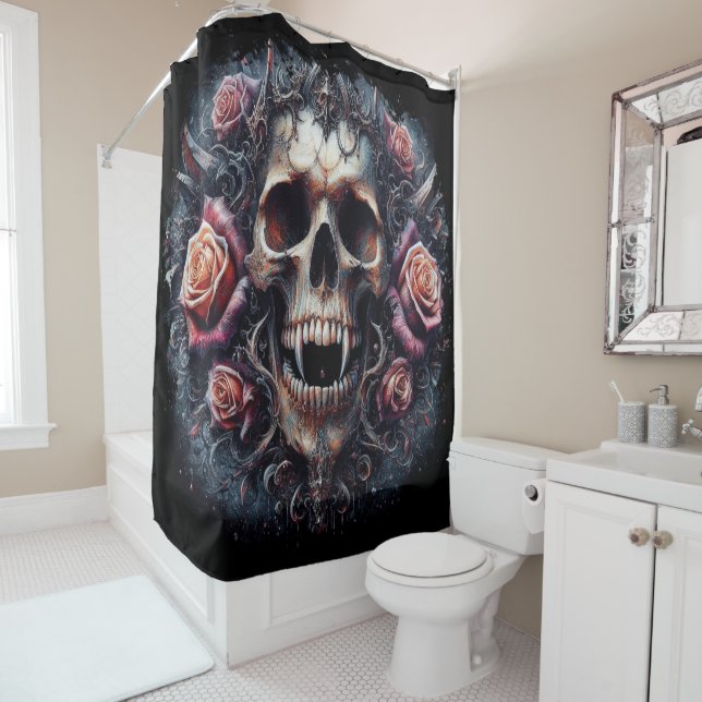 Gothic Skull Adorned with Roses Shower Curtain (In Situ)