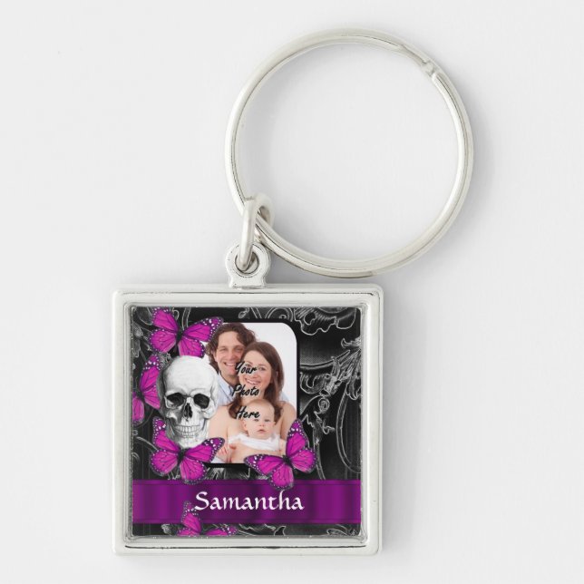 Gothic skull and butterflies key ring (Front)