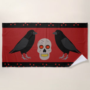 Gothic Skull and Guardian Ravens Halloween Beach Towel