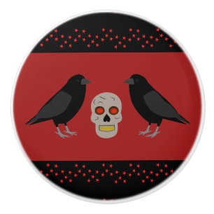 Gothic Skull and Guardian Ravens Halloween Ceramic Knob