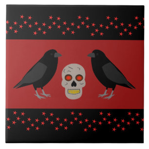 Gothic Skull and Guardian Ravens Halloween Ceramic Tile