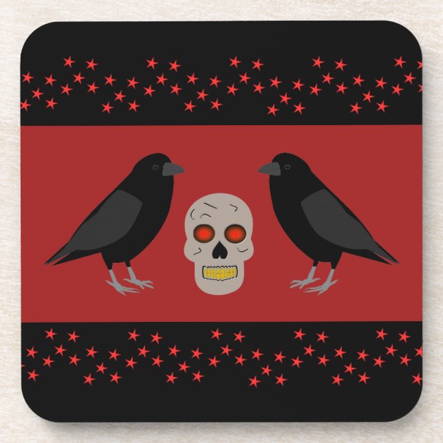 Gothic Skull and Guardian Ravens Halloween Coaster (Front)