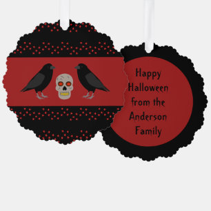 Gothic Skull and Guardian Ravens Halloween Custom Tree Decoration Card