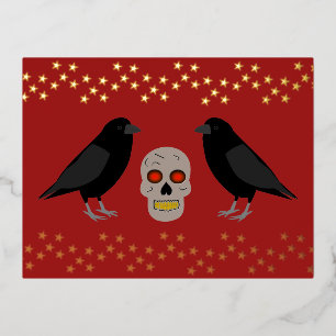 Gothic Skull and Guardian Ravens Halloween Foil Holiday Postcard