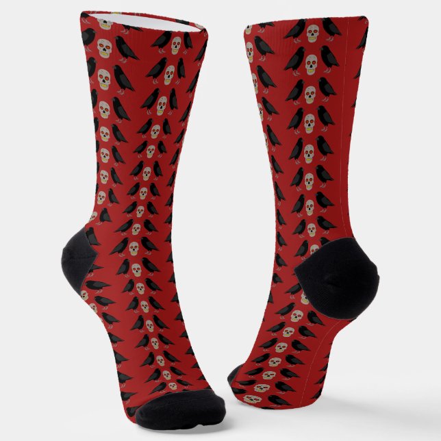 Gothic Skull and Guardian Ravens Halloween Socks (Angled)