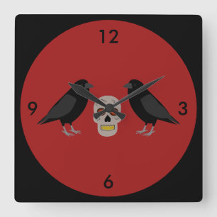 Gothic Skull and Guardian Ravens Halloween Square Wall Clock