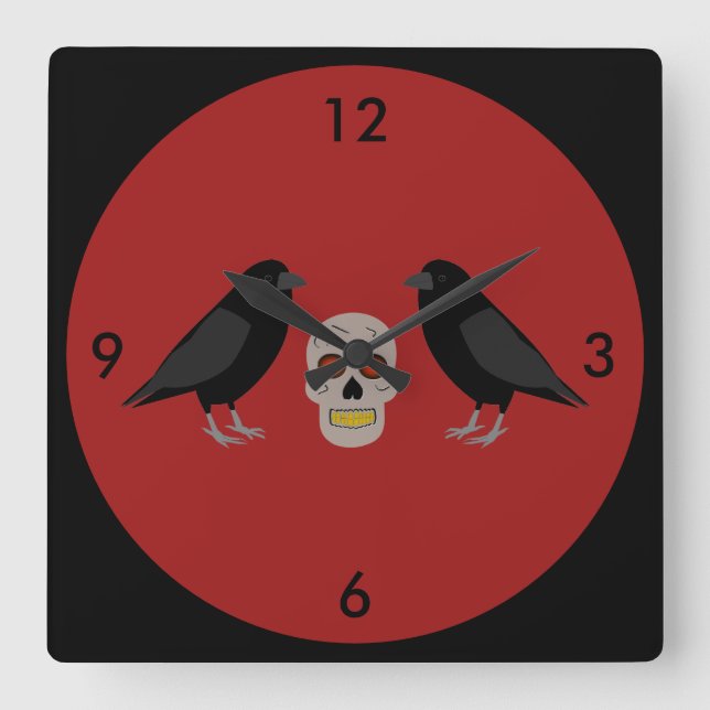Gothic Skull and Guardian Ravens Halloween Square Wall Clock (Front)