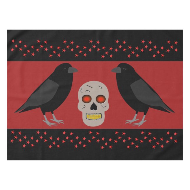 Gothic Skull and Guardian Ravens Halloween Tablecloth (Front (Horizontal))