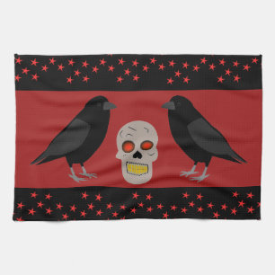 Gothic Skull and Guardian Ravens Halloween Tea Towel