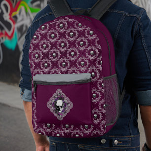 Gothic Skull and Lace Damask Grey Purple Eggplant Printed Backpack