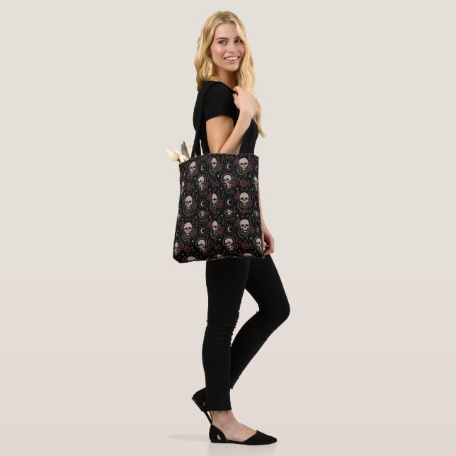 Gothic Skull and Red Rose Tote Bag (On Model)