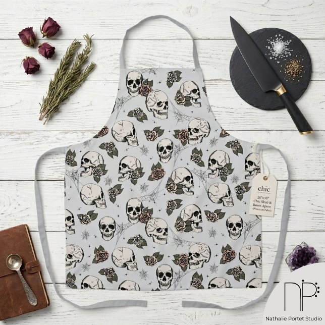 Gothic Skull and Rose Floral Apron (Hand drawn skull and rose ink art apron with a chic noir aesthetic by Nathalie Portet)