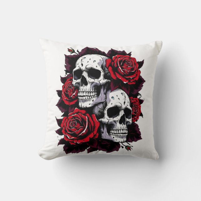 Gothic Skull and Rose Motif Cushion (Front)