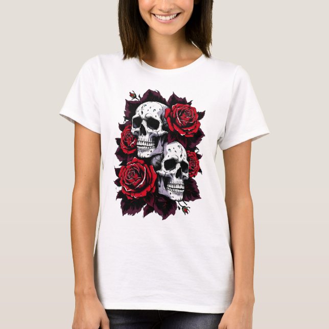 Gothic Skull and Rose Motif T-Shirt (Front)