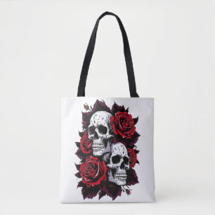 Gothic Skull and Rose Motif Tote Bag