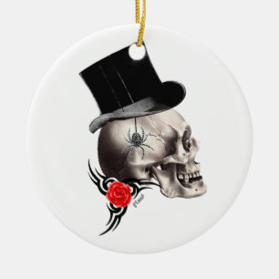 Gothic skull and rose tattoo style ceramic tree decoration
