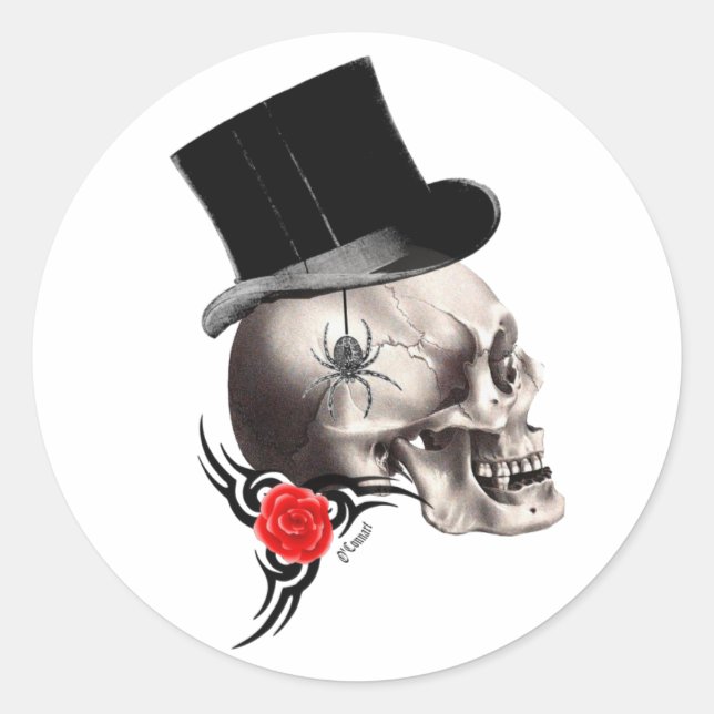 Gothic skull and rose tattoo style classic round sticker (Front)