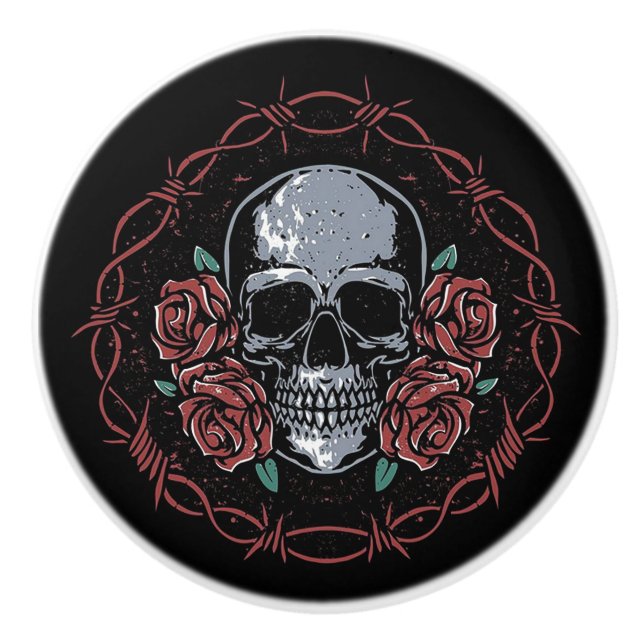 Gothic Skull and Roses Ceramic Knob (Front)