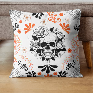 Gothic Skull and Roses Halloween Floral Throw Cushion