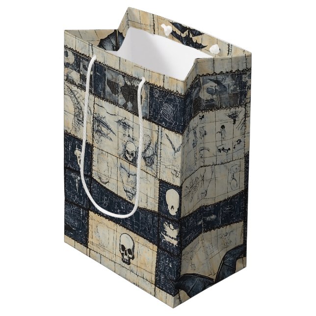Gothic Skull & Bat Denim Collage Medium Gift Bag (Front Angled)