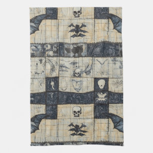 Gothic Skull & Bat Denim Collage Tea Towel