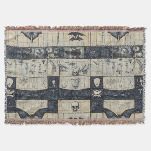 Gothic Skull & Bat Denim Collage Throw Blanket