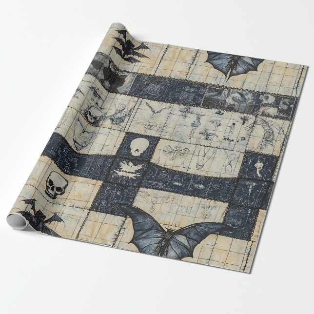 Gothic Skull & Bat Denim Collage Wrapping Paper (Unrolled)