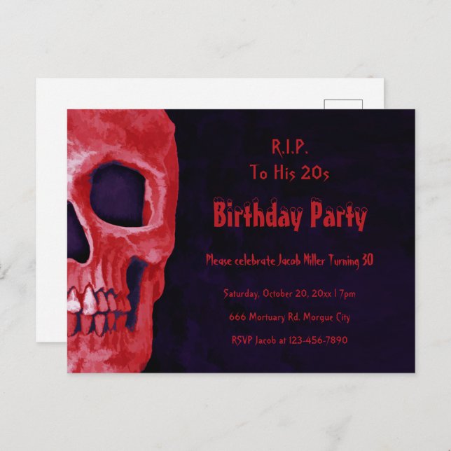 Gothic Skull Birthday Red Black RIP To His 20 Invitation Postcard (Front/Back)