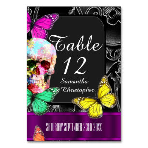 Gothic skull, black and purple wedding table number