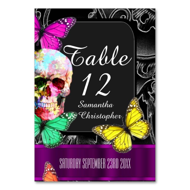 Gothic skull, black and purple wedding table number (Front)