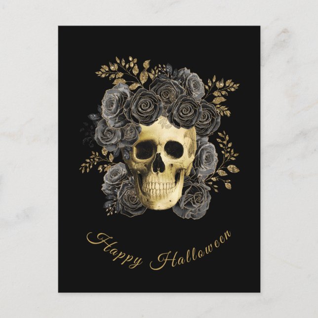 Gothic Skull Black & Gold Glitter Roses Halloween  Holiday Postcard (Front)