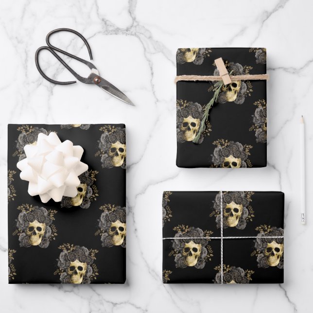 Gothic Skull Black & Gold Glitter Roses          Wrapping Paper Sheet (Front)