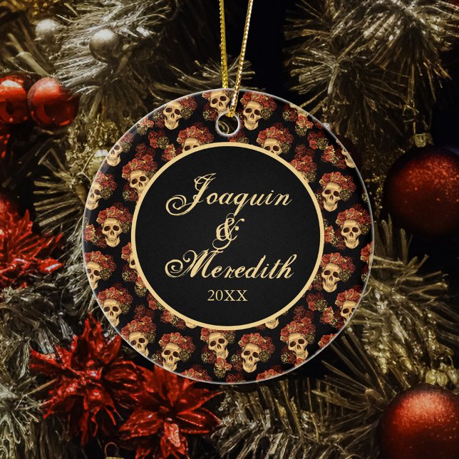 Gothic Skull Black Red Monogram Halloween Ceramic Ornament (Creator Uploaded)