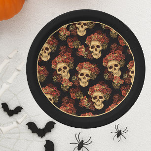 Gothic Skull Black Red Rose Crown Halloween Party Paper Plate