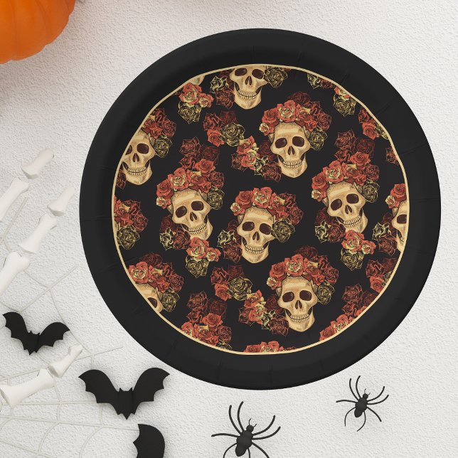 Gothic Skull Black Red Rose Crown Halloween Party Paper Plate (Creator Uploaded)