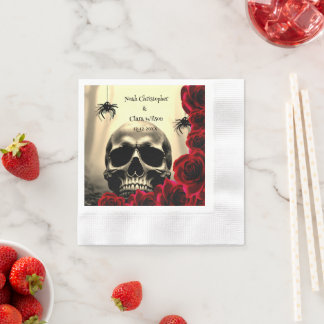Gothic Skull Black Red Roses Halloween Wedding Napkin