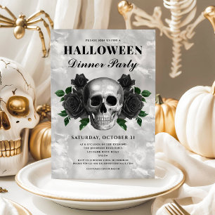 Gothic Skull & Black Roses Halloween Dinner Party Invitation