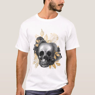 Gothic Skull Black Roses with gold leaves T-Shirt