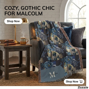 Gothic Skull & Blue Rose Halloween monogram Throw Blanket