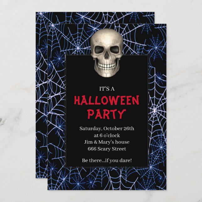 Gothic Skull Blue Spider Web Halloween Party Invitation (Front/Back)
