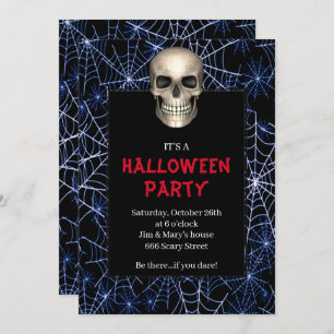 Gothic Skull Blue Spider Web Halloween Party Invitation
