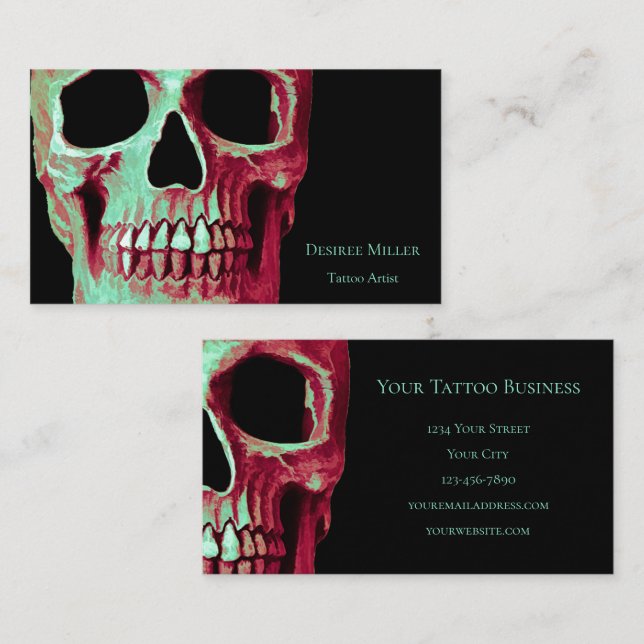 Gothic Skull Brown Teal Green Tattoo Shop Business Card (Front/Back)