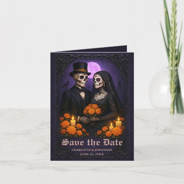Gothic Skull Candy Couple Wedding Save the Date Announcement (Front)