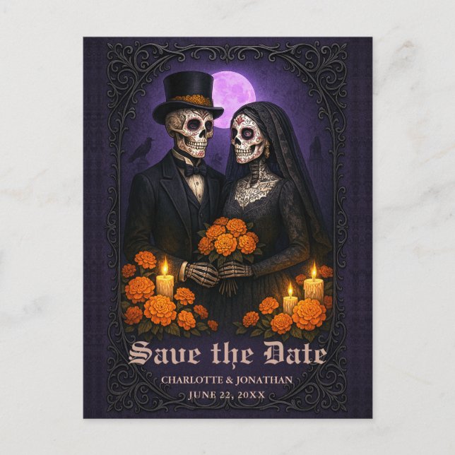 Gothic Skull Candy Couple Wedding Save the Date Announcement Postcard (Front)