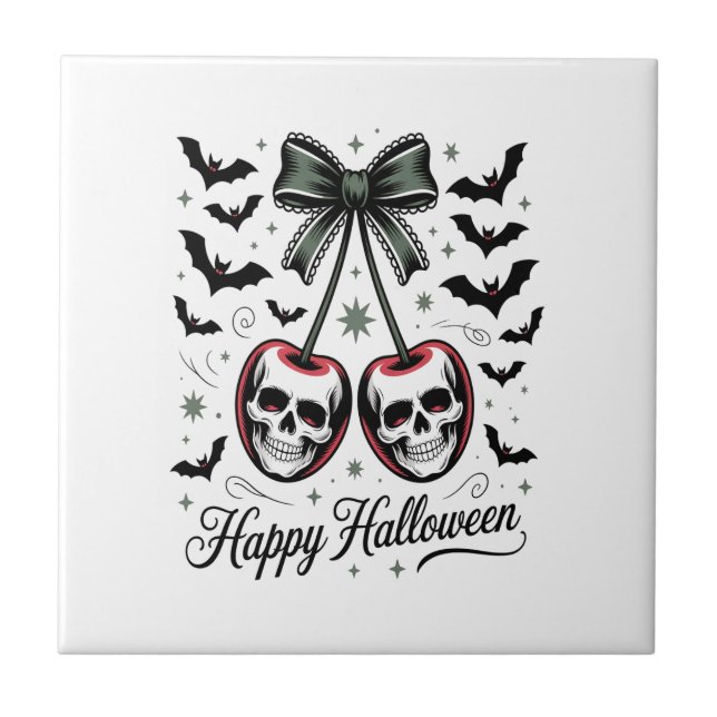 Gothic Skull Cherry Halloween Ceramic Tile (Front)