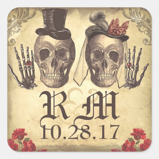 Gothic Skull couple Day of Dead Wedding Stickers (Front)